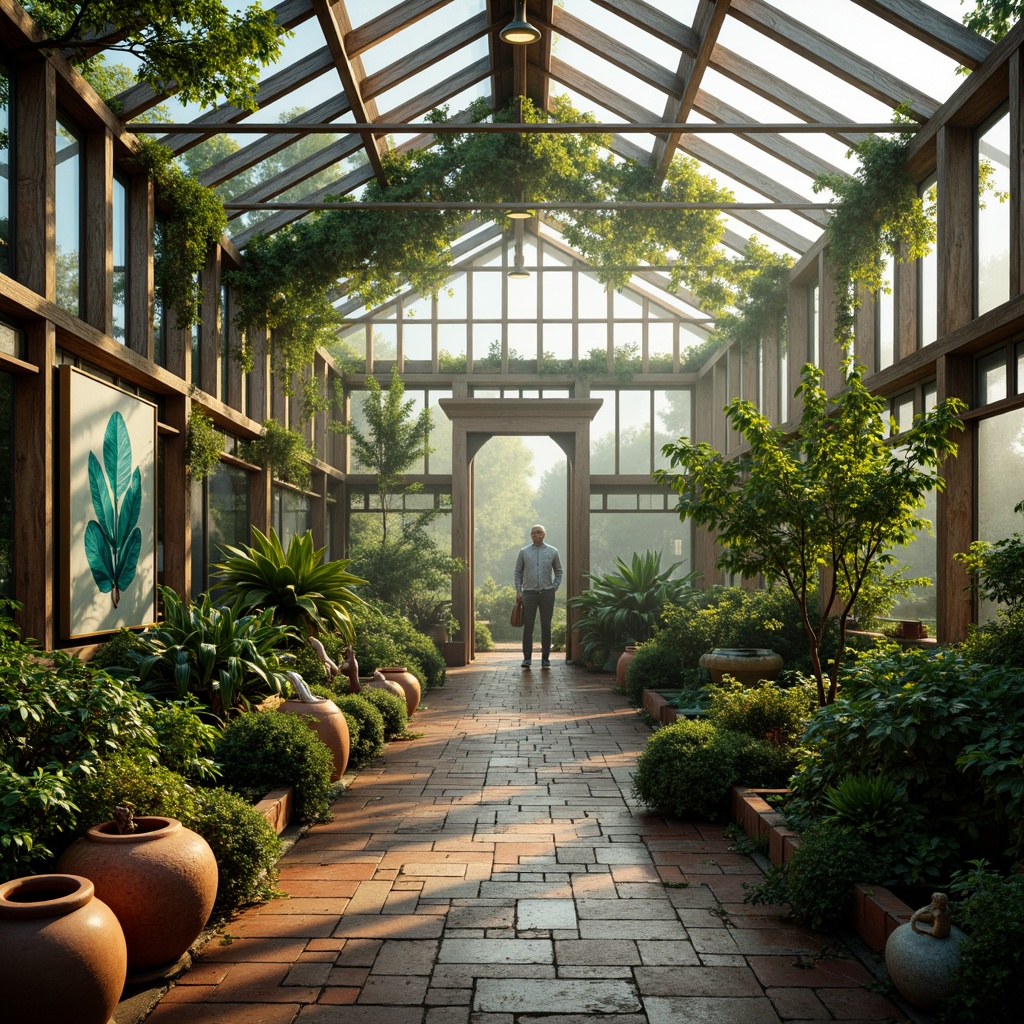 Prompt: Vibrant greenhouse, lush foliage, exotic plants, misty atmosphere, warm soft lighting, rustic wooden beams, transparent glass walls, irregular stone floors, distressed metal frames, vintage botanical posters, earthy terracotta pots, moss-covered statues, whimsical water features, foggy mornings, natural organic textures, expressive brushstrokes, bold vibrant colors, dreamy ethereal ambiance, 1/2 composition, shallow depth of field, warm golden lighting.