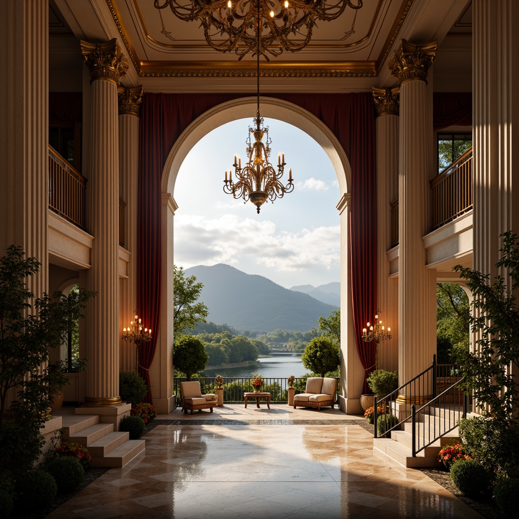 Prompt: Elegant neoclassical cinema, ornate columns, grand staircases, lavish chandeliers, rich velvet curtains, opulent furnishings, majestic archways, symmetrical compositions, warm golden lighting, subtle camera movements, cinematic realism, breathtaking vistas, rolling hills, serene lakeside, lush green forests, misty mountain ranges, dramatic cloud formations, soft focus backgrounds, 2.39