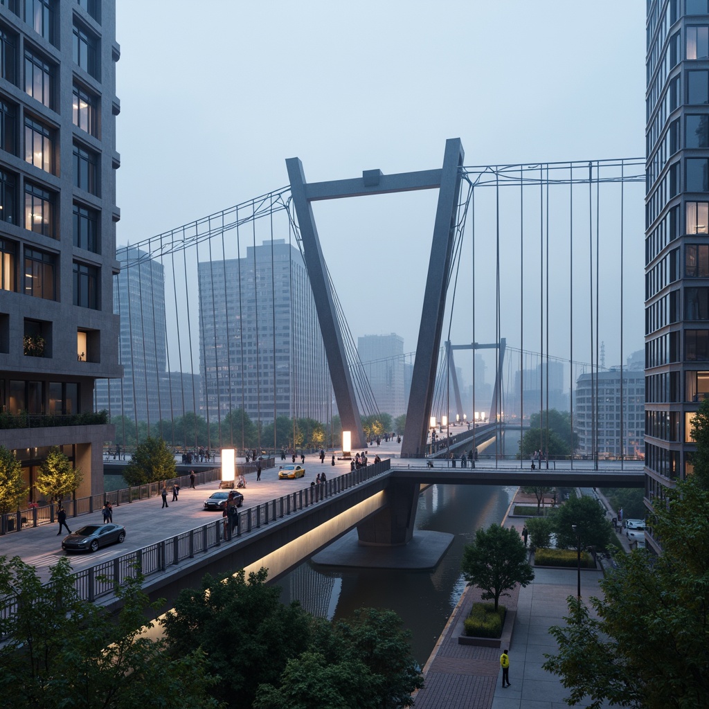 Prompt: Futuristic suspension bridge, sleek metallic beams, dynamic arches, cantilevered sections, illuminated LED lights, misty atmospheric effects, morning fog, urban cityscape, modern skyscrapers, bustling traffic, vibrant greenery, pedestrian walkways, stainless steel railings, geometric latticework, asymmetrical composition, dramatic shadows, high-contrast lighting, shallow depth of field, 2/3 composition, cinematic perspective, realistic reflections.