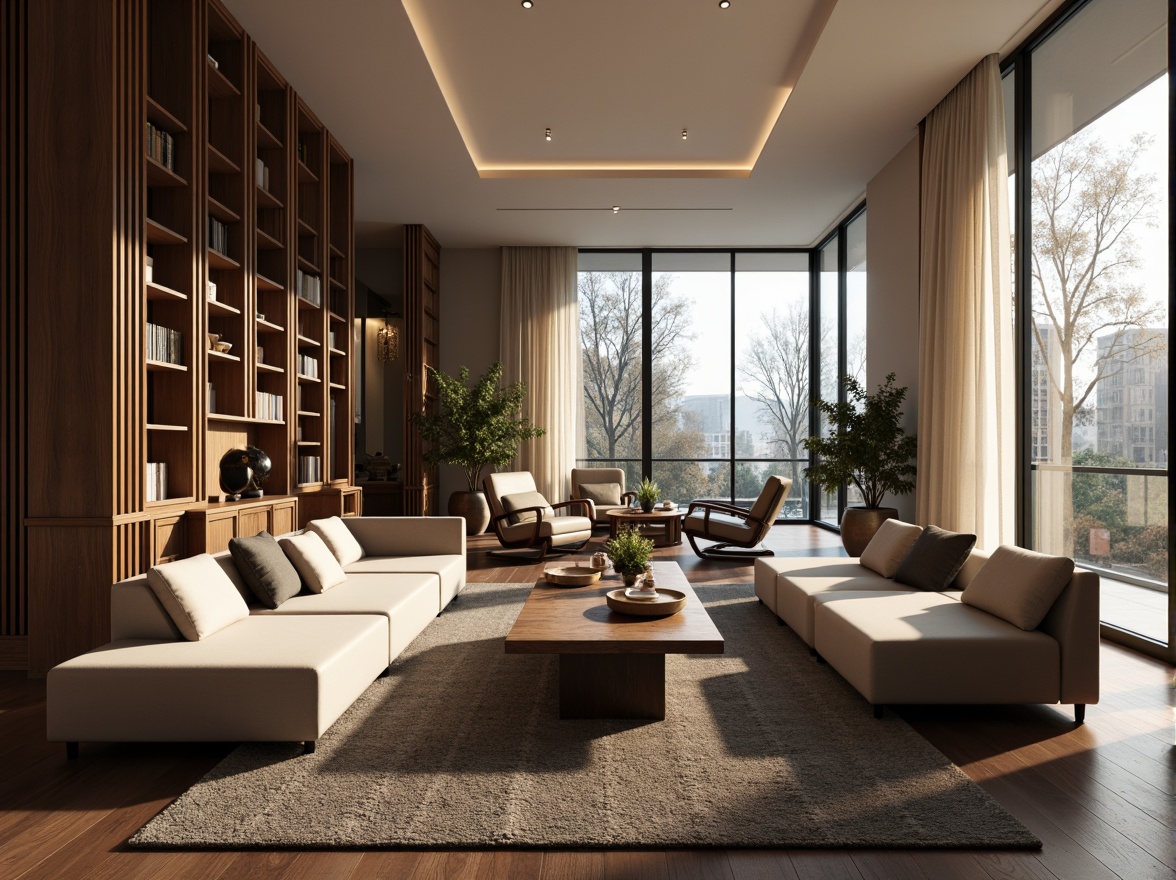 Prompt: Luxurious living room, minimalist decor, sleek wooden flooring, comfortable sofas, modern coffee table, floor-to-ceiling windows, natural light, warm color scheme, textured rugs, metallic accents, ambient lighting, 3/4 composition, shallow depth of field, realistic textures, cozy reading nook, built-in shelving, elegant chandelier, calm atmosphere, soft warm glow.