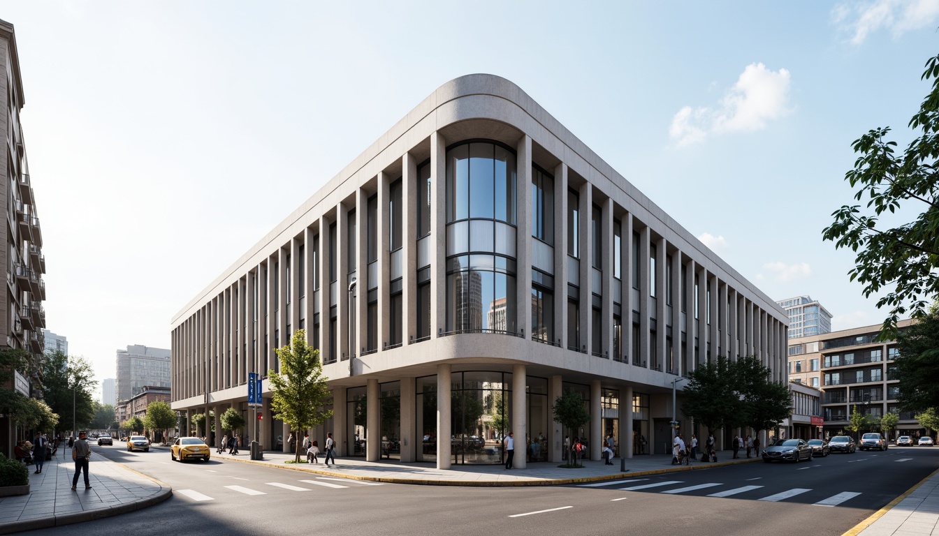 Prompt: Modernist government building, minimalist facade, clean lines, flat roofs, rectangular shapes, large glass windows, metal frames, neutral color palette, sleek columns, cantilevered canopies, open atriums, natural stone cladding, urban cityscape, busy streets, pedestrian sidewalks, morning sunlight, soft shadows, 1/1 composition, symmetrical framing, realistic reflections, subtle ambient occlusion.