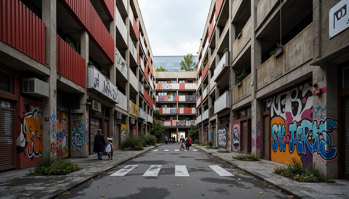 Prompt: Fragmented building forms, irregular shapes, clashing colors, bold textures, exposed ductwork, raw concrete walls, metallic accents, vibrant graffiti, urban decay, industrial atmosphere, dramatic lighting, high-contrast shadows, 1/3 composition, low-angle shot, gritty realistic rendering.