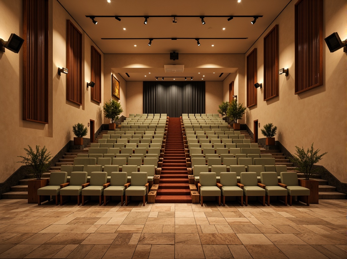 Prompt: Earthy auditorium, warm beige walls, rich walnut wood accents, soft sage green seats, terracotta red carpeting, natural stone flooring, rustic metal railings, vintage bronze lighting fixtures, warm golden spotlights, creamy white ceiling, subtle texture overlays, ambient warm glow, shallow depth of field, 2/3 composition, realistic material textures, atmospheric perspective.