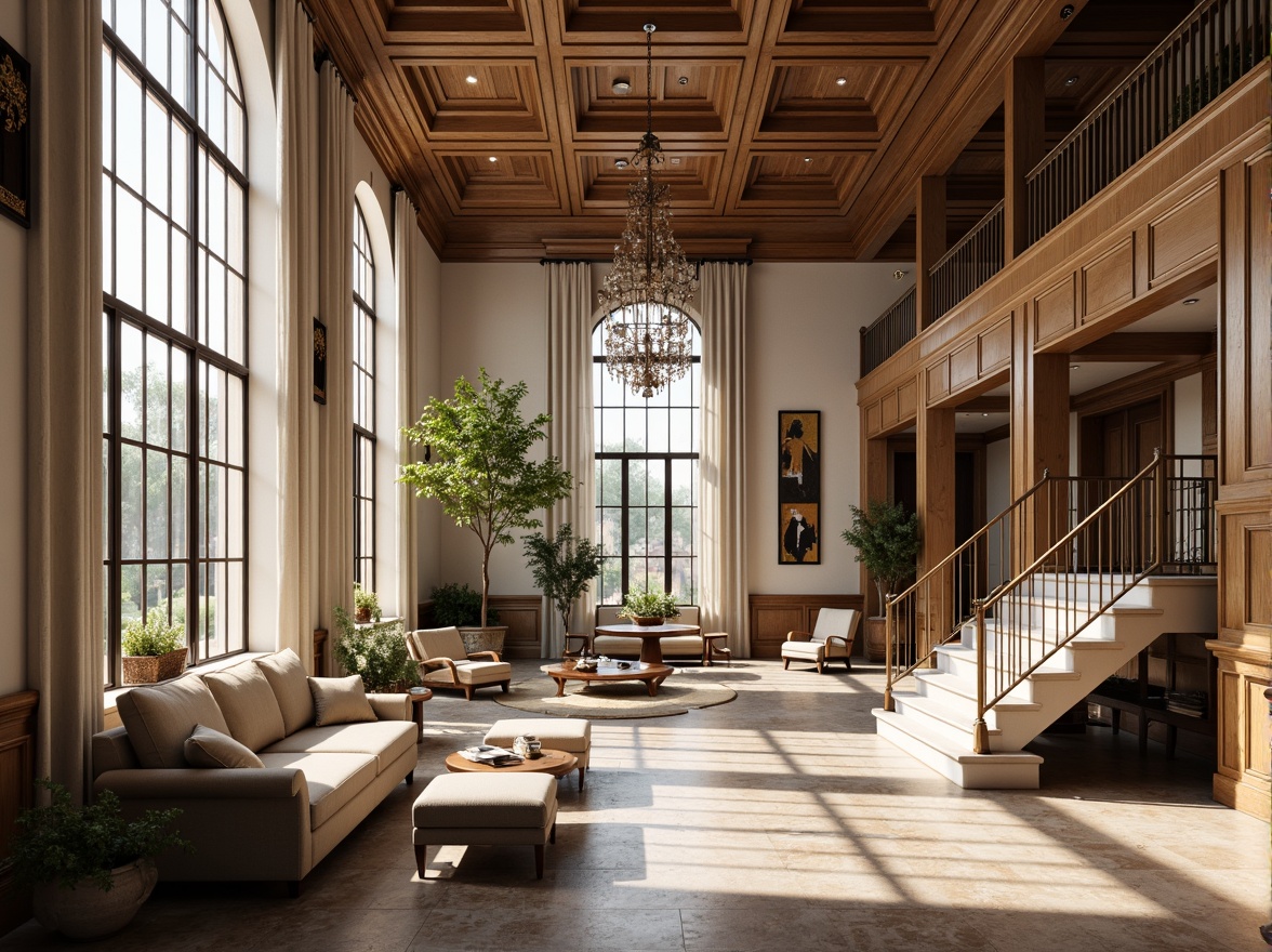 Prompt: Luxurious loft interior, neoclassical architecture, rich wood textures, polished marble floors, ornate metal railings, velvet upholstery, crystal chandeliers, high ceilings, grand windows, natural light pouring in, warm cozy atmosphere, soft focus, shallow depth of field, 1/2 composition, elegant lines, subtle color palette, creamy whites, warm beiges, sophisticated ambiance.