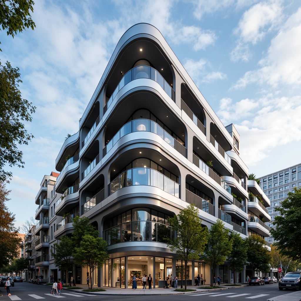 Prompt: Curved Streamline Moderne facade, sleek metallic materials, reflective glass surfaces, minimalist design, modern architectural elements, cantilevered balconies, rounded corners, smooth curves, futuristic vibes, urban cityscape, cloudy blue sky, warm sunny day, shallow depth of field, 1/1 composition, realistic textures, ambient occlusion.