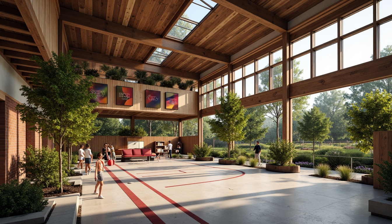 Prompt: Rustic gymnasium exterior, reclaimed wood accents, living green walls, solar panels, wind turbines, natural ventilation systems, large skylights, clerestory windows, exposed ductwork, polished concrete floors, recycled rubber flooring, eco-friendly materials, minimalist design, angular lines, vibrant colorful textiles, intricate geometric motifs, sunny day, soft warm lighting, shallow depth of field, 3/4 composition, panoramic view, realistic textures, ambient occlusion.