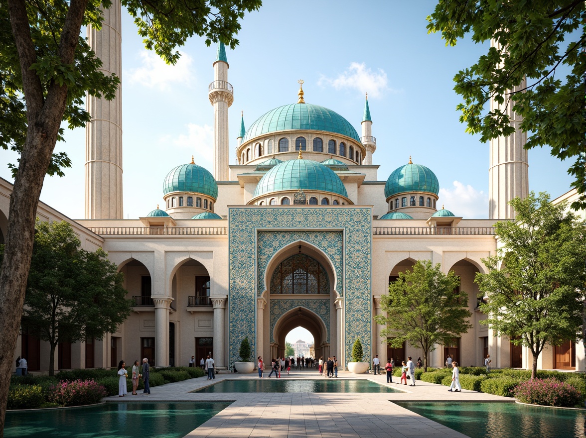 Prompt: Intricate mosque architecture, Islamic geometric patterns, ornate domes, vibrant turquoise tiles, golden accents, majestic minarets, serene courtyard gardens, tranquil water features, spiritual ambiance, warm natural lighting, shallow depth of field, 3/4 composition, symmetrical fa\u00e7ade, grand entrance archways, cultural heritage influences, experimental materials, sustainable energy solutions, innovative cooling technologies, misting systems, Arabic-inspired calligraphy, vibrant colorful textiles, intricate stone carvings, sacred symbolic motifs.