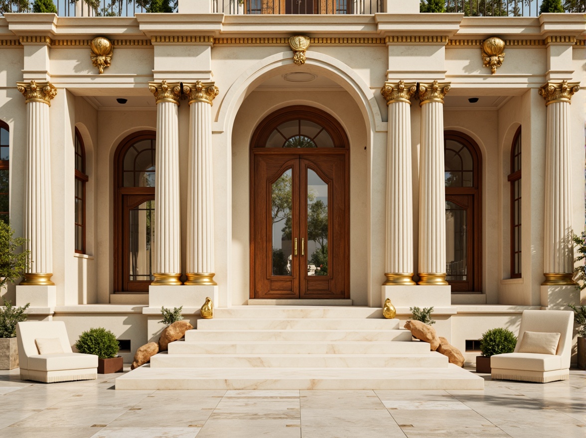 Prompt: Elegant neoclassical facade, cream-colored stone walls, ornate gold details, rich wooden accents, soft beige columns, majestic archways, subtle cream marble floors, refined bronze hardware, luxurious velvet furnishings, warm golden lighting, shallow depth of field, 1/2 composition, realistic textures, ambient occlusion.