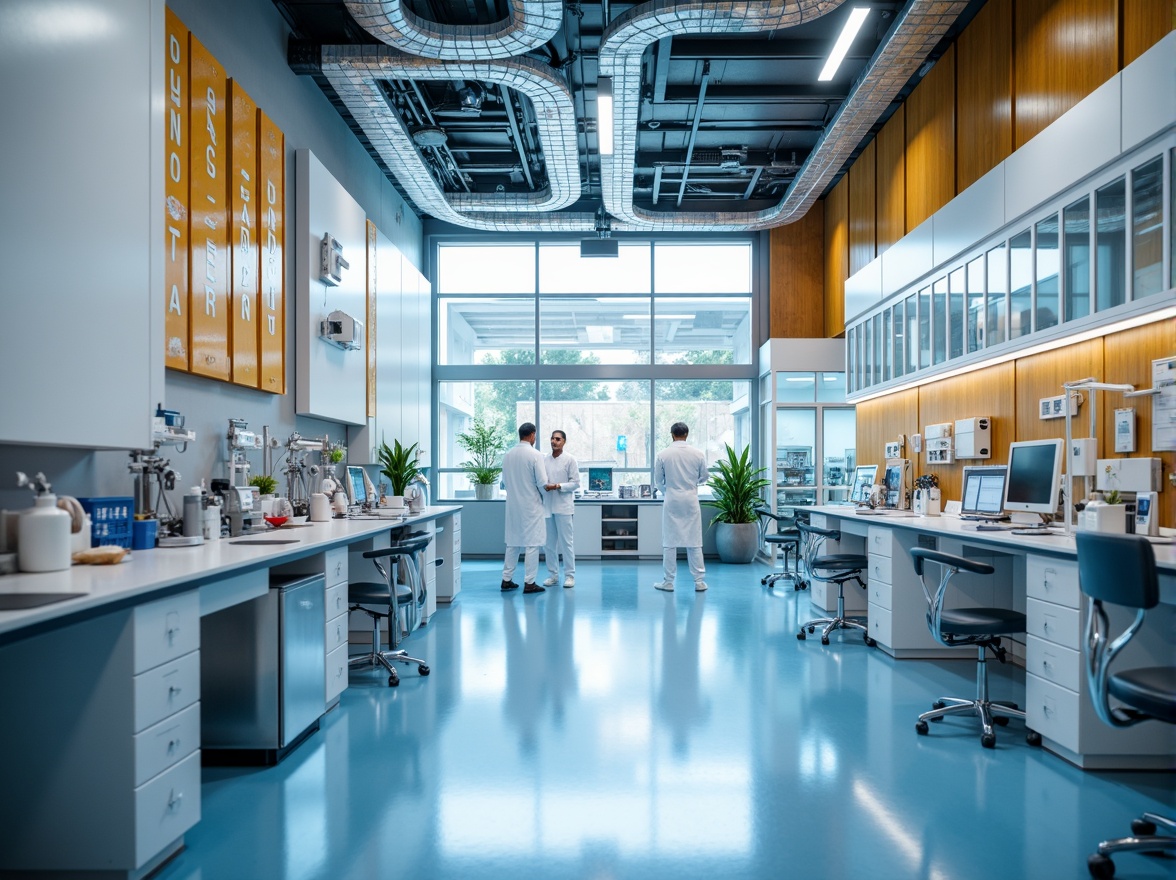 Prompt: Modern laboratory, sterile equipment, glossy surfaces, calming blue tones, crisp white accents, neutral beige backgrounds, sleek metal fixtures, vibrant safety orange, bold yellow signage, transparent glass partitions, natural wood textures, warm task lighting, soft ambient shadows, 1/1 composition, realistic reflections, subtle gradient effects.