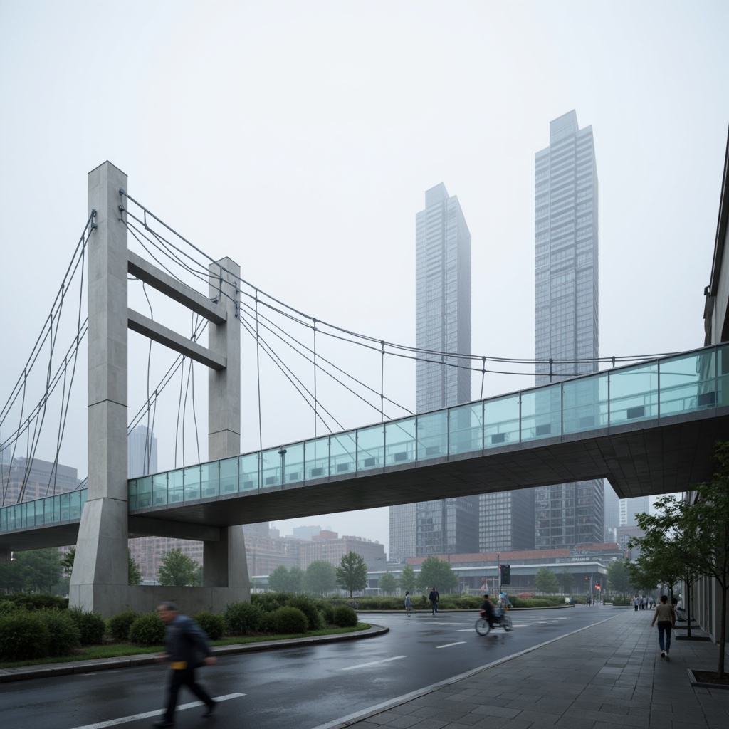 Prompt: Modern bridge structure, sleek glass railings, steel cable suspensions, minimalist columns, cantilevered walkways, transparent floors, reflective surfaces, geometric patterns, urban landscape, misty morning, soft natural lighting, shallow depth of field, 1/1 composition, realistic materials, ambient occlusion.