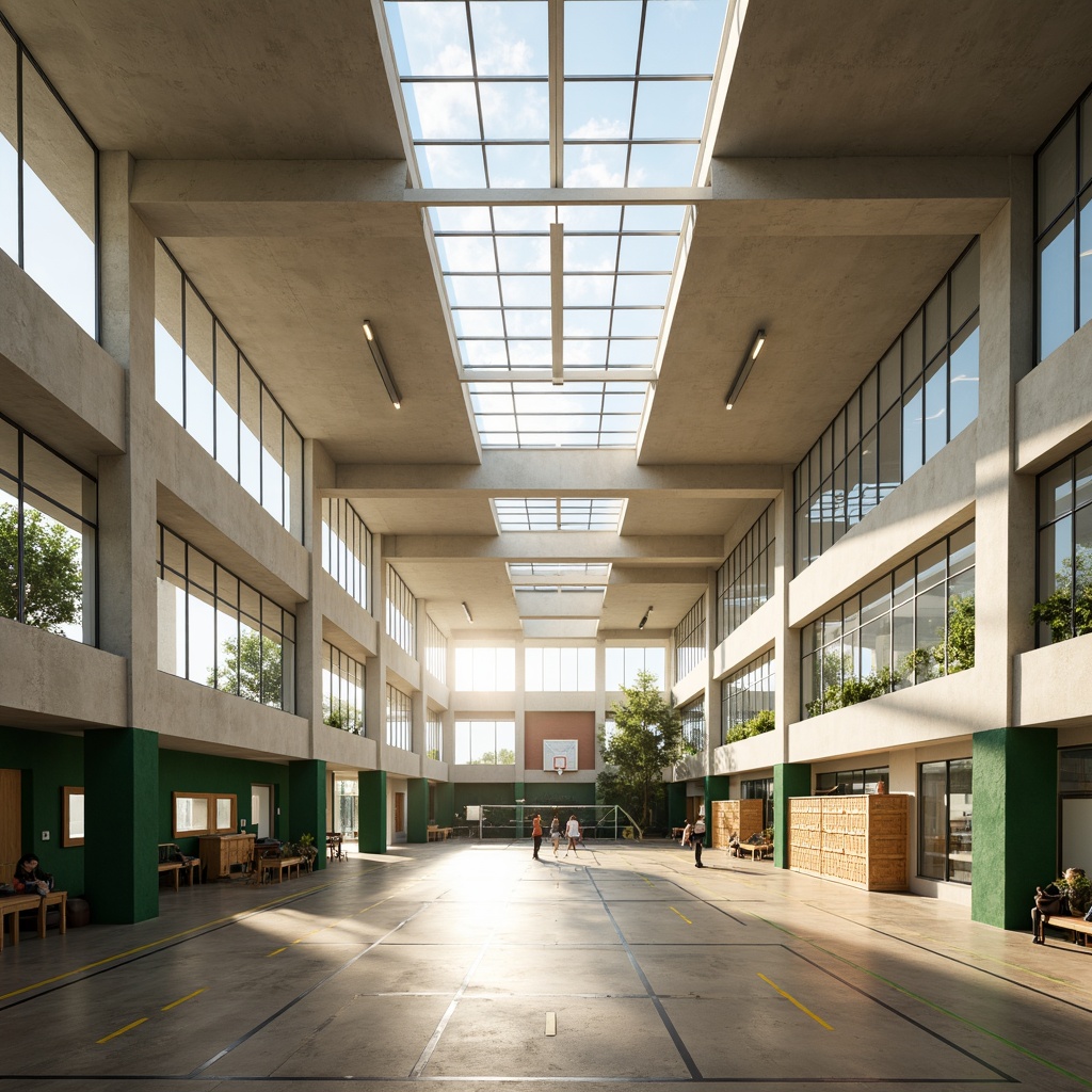 Prompt: Spacious gymnasium interior, high ceilings, large windows, clerestory windows, skylights, transparent roofs, natural stone floors, wooden bleachers, minimalist design, bright color schemes, sports equipment, basketball hoops, volleyball nets, tennis courts, mirrors, athletic tracks, fitness areas, green walls, living plants, indirect soft lighting, warm ambient glow, 1/1 composition, realistic textures, subtle shadows.