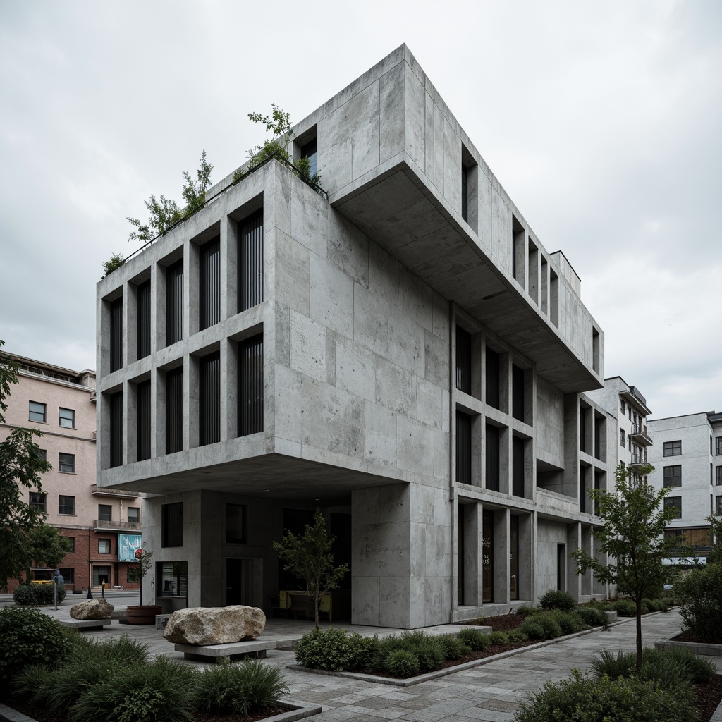 Prompt: Rugged brutalist building, raw concrete exterior, fortress-like structure, dramatic cantilevered volumes, aggressive geometric forms, bold industrial materials, weathered steel beams, exposed ductwork, industrial-scale windows, minimalist landscaping, sparse vegetation, rocky outcrops, urban context, gritty urban atmosphere, harsh overhead lighting, deep shadows, high contrast ratios, cinematic composition, symmetrical framing, atmospheric fog effects, realistic material textures, advanced ambient occlusion.