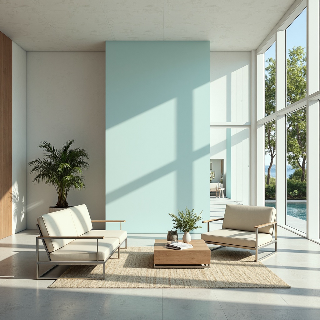 Prompt: Calm azure hues, soft creamy whites, warm beige accents, elegant modern furniture, sleek metallic frames, subtle wood textures, sophisticated glass surfaces, refined minimalist decor, airy open spaces, abundant natural light, serene atmosphere, shallow depth of field, 1/2 composition, realistic reflections, ambient occlusion.