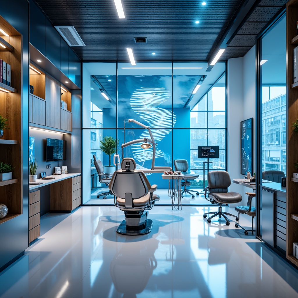 Prompt: Futuristic dental clinic, sleek metal surfaces, glass partitions, minimalist decor, high-gloss floors, modern lighting fixtures, bold neon accents, calming blue hues, sterile white tones, rich wood textures, ergonomic furniture, advanced medical equipment, futuristic dentist chairs, stainless steel instruments, high-tech diagnostic screens, ambient LED illumination, shallow depth of field, 3/4 composition, panoramic view, realistic reflections.