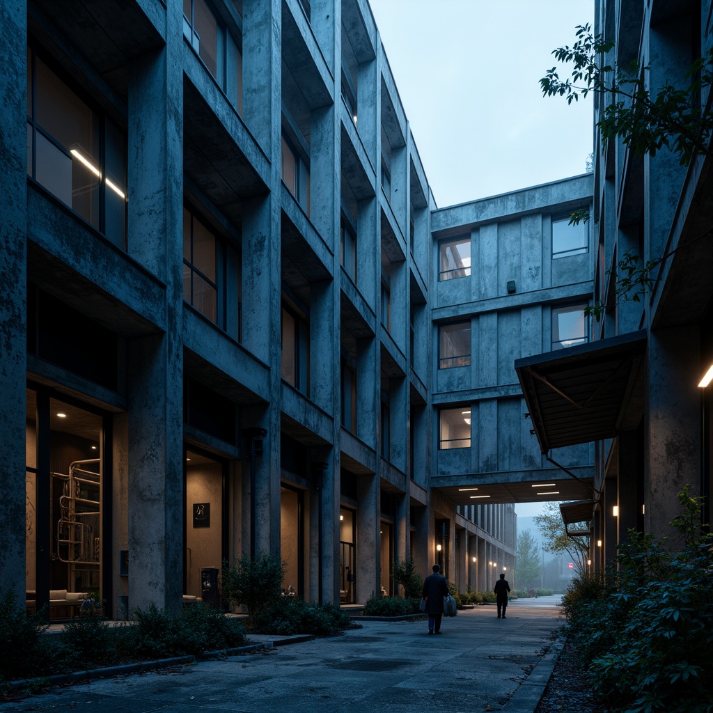 Prompt: Gloomy brutalist building, navy blue concrete walls, rugged textures, industrial metal beams, raw unfinished surfaces, ominous shadows, dramatic lighting, urban cityscape, overcast sky, misty atmosphere, cold color tones, industrial pipes, exposed ductwork, distressed wood accents, graffiti-covered walls, abandoned alleys, desaturated vegetation, stark contrast, 1/2 composition, moody ambient occlusion.