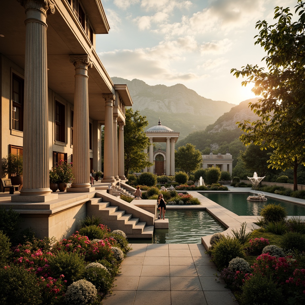 Prompt: Elegant film set, neoclassical architecture, grandiose columns, ornate fountains, lush greenery, majestic mountains, serene lake, vibrant flowers, warm sunset, soft golden lighting, cinematic composition, symmetrical framing, shallow depth of field, 1/1 aspect ratio, realistic textures, ambient occlusion, subtle color grading, nuanced atmosphere, refined details.