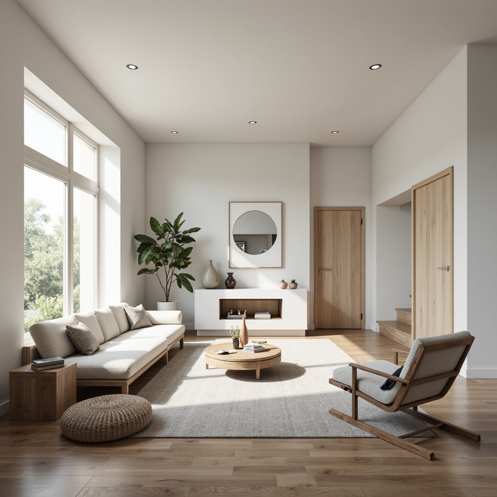 Prompt: Simple living room, monochromatic color scheme, sleek lines, minimal ornamentation, functional furniture pieces, comfortable seating areas, natural light pouring in, neutral-toned walls, polished wooden floors, subtle textures, ambient soft lighting, shallow depth of field, 1/1 composition, panoramic view, realistic rendering, clean geometric shapes, Scandinavian-inspired design, calm atmosphere, decluttered spaces.