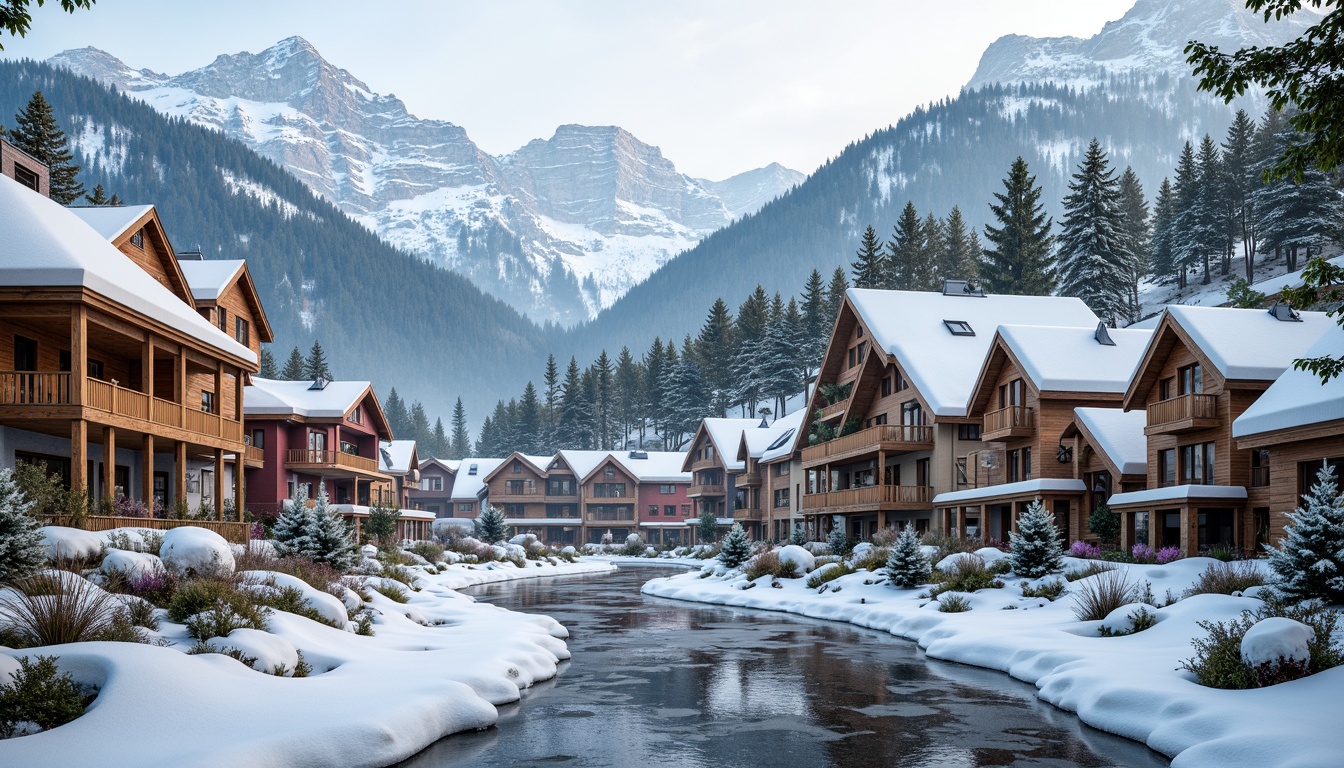 Prompt: Snow-capped mountains, serene alpine forests, winding ski trails, rustic wooden chalets, eclectic mix of modern and traditional architecture, vibrant colorful facades, asymmetrical rooflines, irregular shapes, bold angular lines, intricate stonework, natural materials, earthy tones, warm cozy lighting, snowflakes gently falling, misty atmosphere, shallow depth of field, 1/2 composition, panoramic view, realistic textures, ambient occlusion.