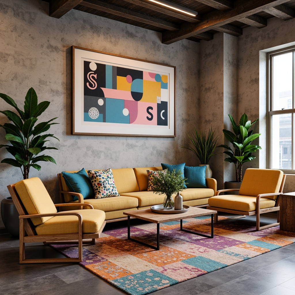 Prompt: Vibrant design studio, eclectic artwork, modern furniture pieces, bold typography, contrasting hues, monochromatic accents, pastel gradients, warm neutral tones, rich jewel tones, metallic finishes, matte textures, abstract patterns, expressive brushstrokes, atmospheric lighting, shallow depth of field, 1/1 composition, realistic renderings, ambient occlusion.