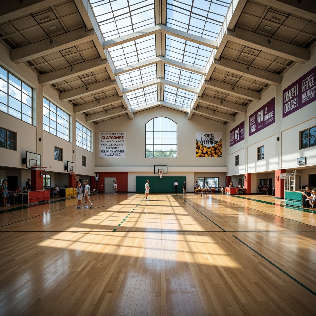 Prompt: Spacious gymnasium interior, abundant natural light, clerestory windows, skylights, transparent roofing, reflective ceilings, polished wood floors, athletic equipment, basketball hoops, volleyball nets, exercise machines, mirrored walls, inspirational quotes, motivational posters, vibrant color schemes, energetic ambiance, bright sunny day, soft diffused lighting, high contrast ratio, 1/1 composition, symmetrical framing, realistic textures, ambient occlusion.