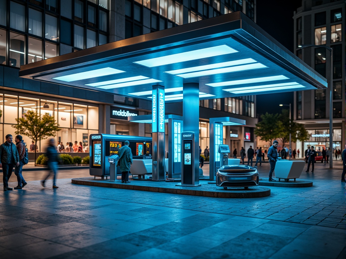 Prompt: Modern charging station, sleek metal structures, neon-lit signage, vibrant blue accents, glowing white lights, futuristic architecture, high-tech equipment, urban cityscape, bustling streets, daytime scene, soft warm lighting, shallow depth of field, 1/2 composition, realistic metallic textures, ambient occlusion, bold typography, dynamic color gradients.