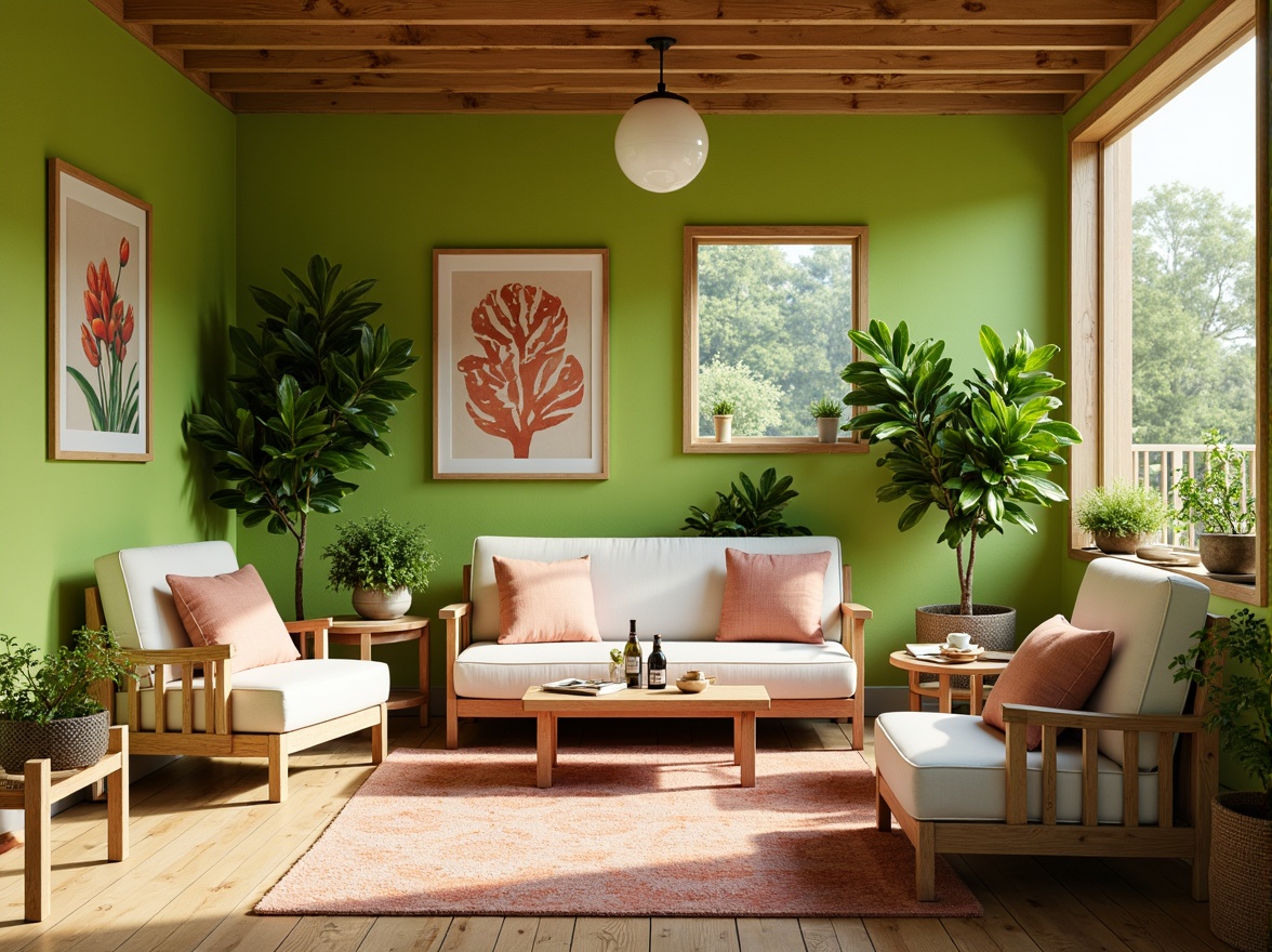 Prompt: Vibrant lime green walls, natural wood accents, creamy white furniture, soft peach tones, calming mint leaves, botanical patterns, eclectic textiles, warm golden lighting, shallow depth of field, 1/1 composition, realistic textures, ambient occlusion, cozy reading nook, plush area rugs, potted plants, refreshing outdoor spaces, sunny afternoon, gentle breeze.