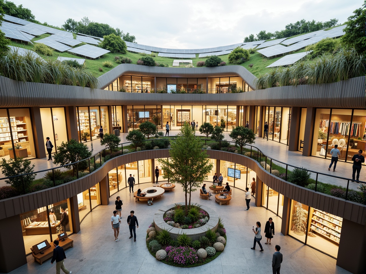 Prompt: Organic blob-shaped shopping center, undulating rooflines, verdant green roofs, solar panels, wind turbines, natural ventilation systems, recycled metal fa\u00e7ades, reclaimed wood accents, low-carbon concrete structures, energy-efficient glass windows, minimalist interior design, eco-friendly product displays, vibrant colorful textiles, intricate geometric patterns, soft warm lighting, shallow depth of field, 1/2 composition, realistic textures, ambient occlusion.