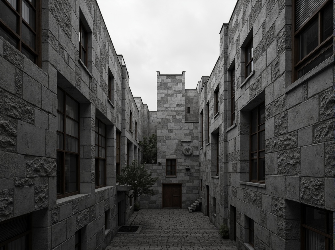 Prompt: Rough-hewn concrete walls, rugged stone textures, brutalist fortress-like buildings, industrial metal beams, distressed wood accents, cold monochromatic color palette, harsh dramatic lighting, deep shadows, angular geometric forms, raw unfinished surfaces, urban cityscape, overcast skies, strong contrast composition, cinematic atmosphere, high-contrast black and white tones, gritty realistic render.