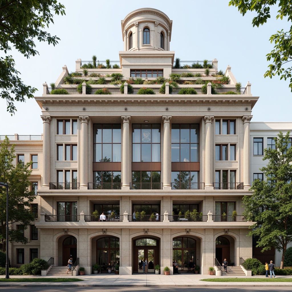 Prompt: Grandiose energy plant facade, neoclassical architecture, symmetrical composition, ornate columns, carved stone details, rusticated base, pedimented entrance, grand archways, imposing clock tower, verdant rooftop gardens, subtle water features, natural stone cladding, bronze-toned metal accents, elegant cornice lines, refined stucco textures, soft diffused lighting, shallow depth of field, 1/2 composition, realistic rendering.