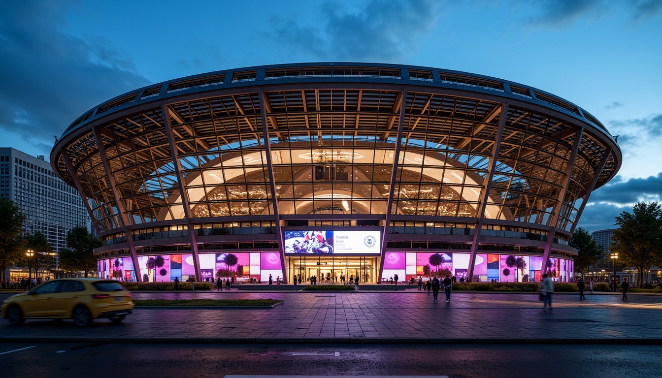 Prompt: \Grand stadium facade, sweeping curved lines, dynamic LED lighting, cantilevered roof structures, large glass panels, angular steel frames, modern metallic materials, bold color schemes, geometric patterned cladding, abstract sculptural elements, urban cityscape backdrop, evening ambiance, warm golden lighting, shallow depth of field, 1/2 composition, symmetrical axis, high-contrast textures, ambient occlusion.\