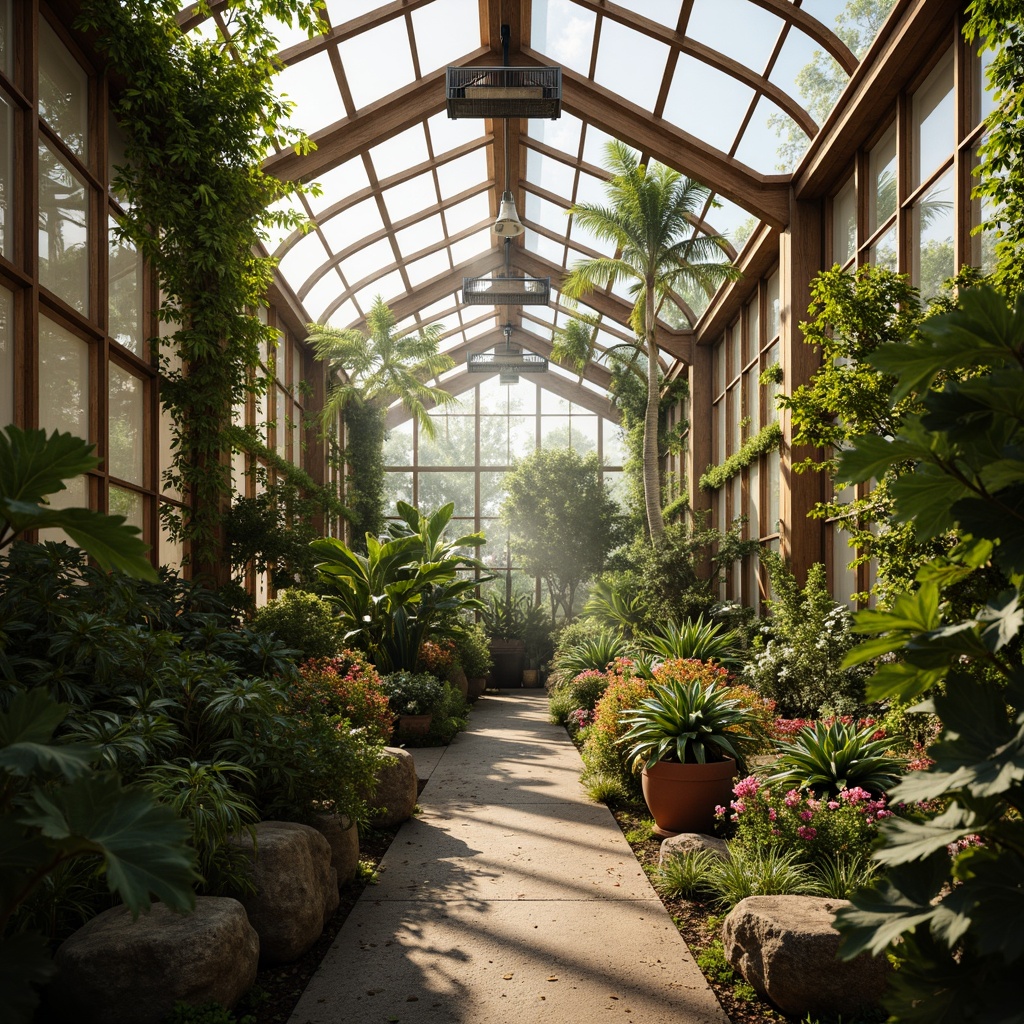 Prompt: Vibrant greenhouse, lush tropical plants, misty atmosphere, warm natural lighting, rustic wooden beams, distressed metal frames, earthy terracotta pots, soft moss-covered stones, delicate vines, exotic flowers, iridescent glass panels, dappled shade, warm beige walls, organic curves, whimsical ornaments, intricate botanical patterns, dreamy ambiance, shallow depth of field, 1/2 composition, impressionist brushstrokes, vivid color palette.