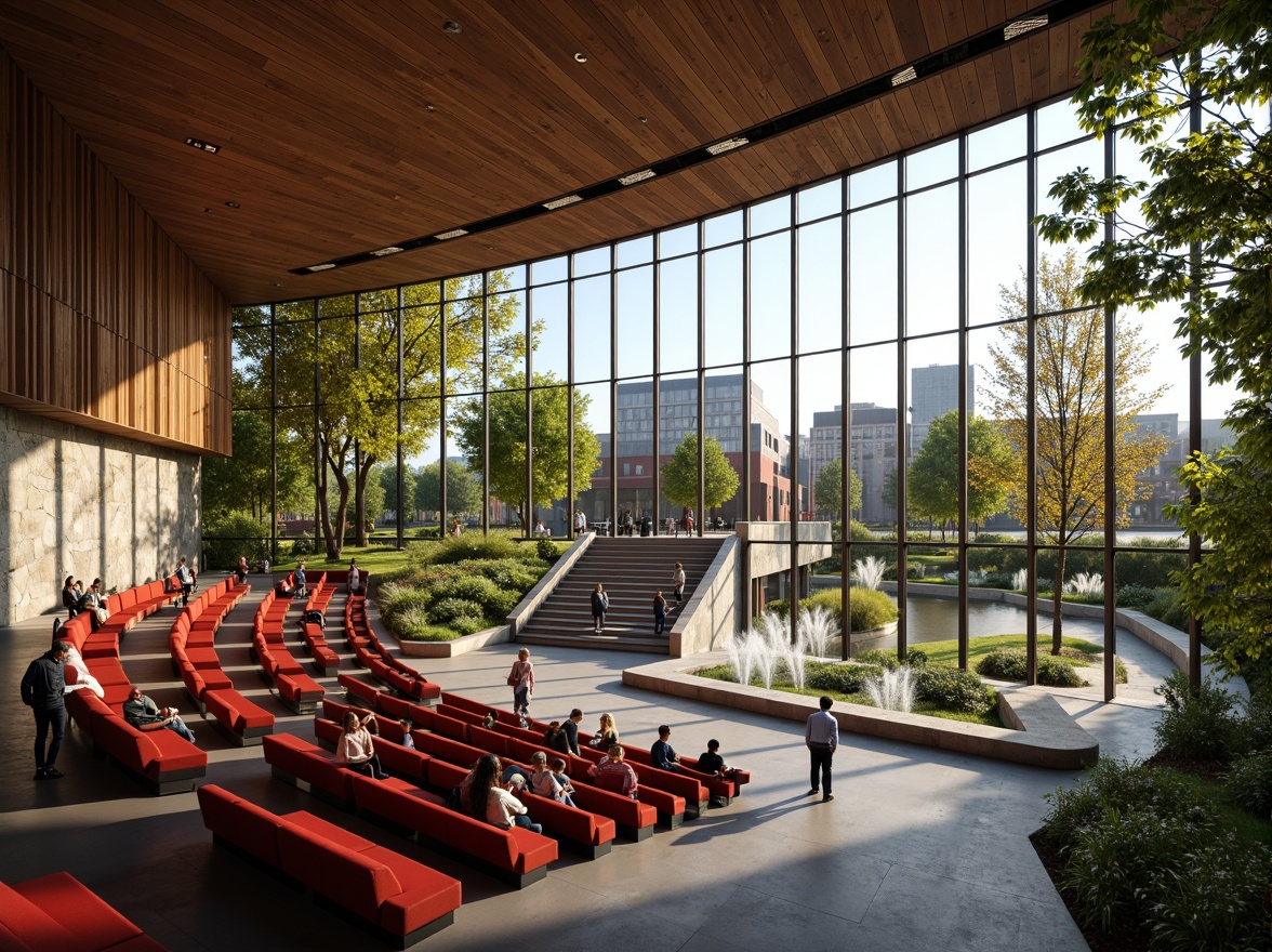 Prompt: Vibrant auditorium interior, curved seating arrangement, wooden accents, natural stone walls, lush greenery integration, floor-to-ceiling windows, panoramic views, soft warm lighting, shallow depth of field, 3/4 composition, realistic textures, ambient occlusion, grand staircase, minimalist design, modern architecture, sleek metal railings, glass balustrades, subtle color palette, comfortable seating, abundant natural light, scenic outdoor spaces, adjacent courtyards, walking paths, serene water features, misting systems.