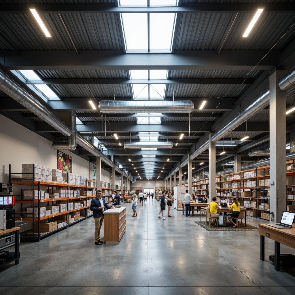 Prompt: Modern distribution center, high ceilings, industrial chic, exposed ductwork, sleek metal beams, polished concrete floors, minimalist decor, neutral color palette, functional lighting, task-oriented illumination, LED strips, suspended linear fixtures, track lighting, ambient overhead lighting, natural light pouring in through clerestory windows, skylights, translucent panels, diffused indirect lighting, 1/1 composition, realistic textures, soft shadows, subtle reflections, global illumination.