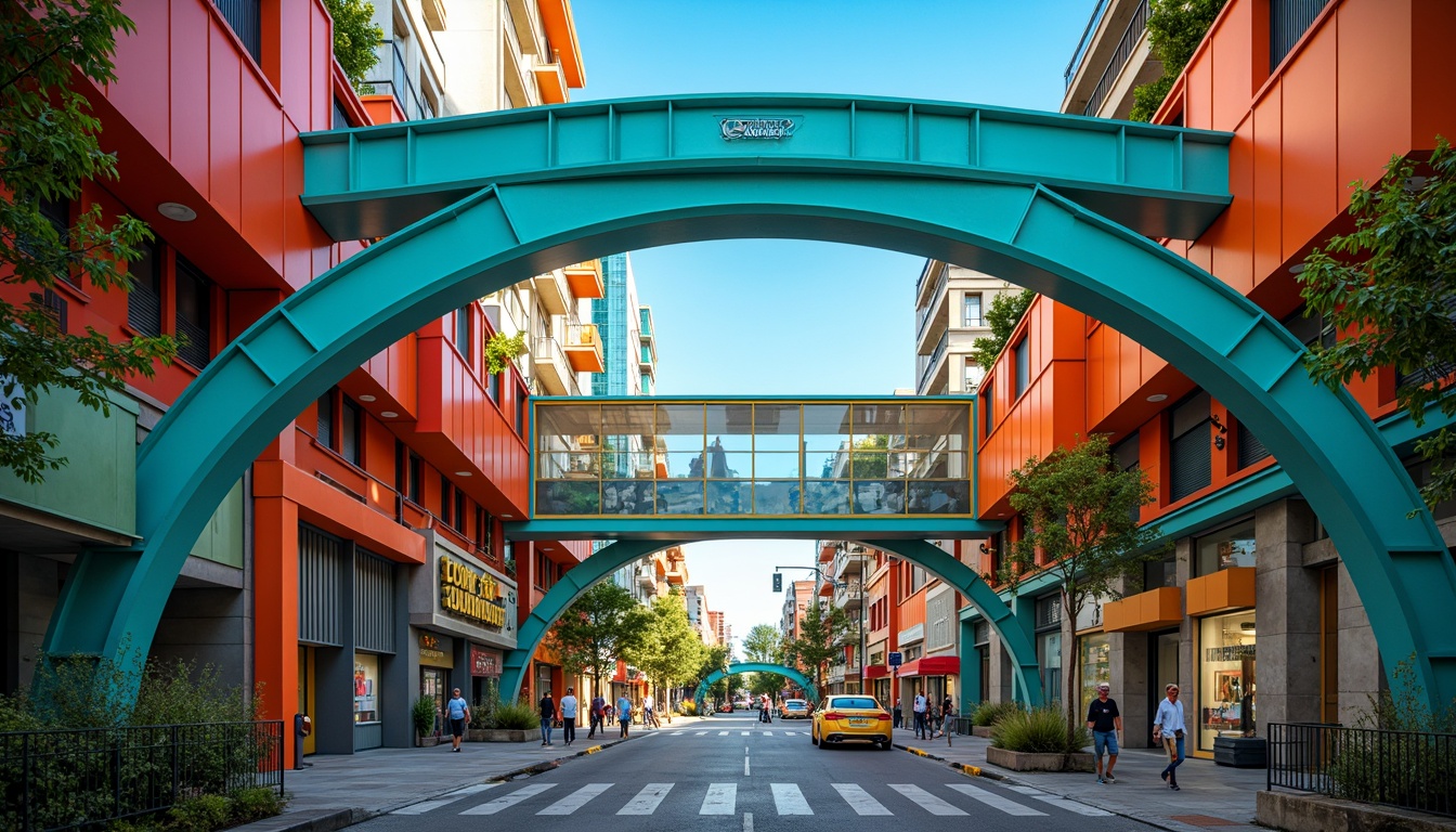 Prompt: Vibrant pedestrian bridge, bold color palette, postmodernist architecture, curved lines, irregular shapes, playful textures, eclectic material mix, bright blue steel beams, warm orange accents, neon green railings, futuristic LED lighting, urban cityscape, bustling streets, morning commuters, shallow depth of field, 1/2 composition, dramatic shadows, high contrast ratio.