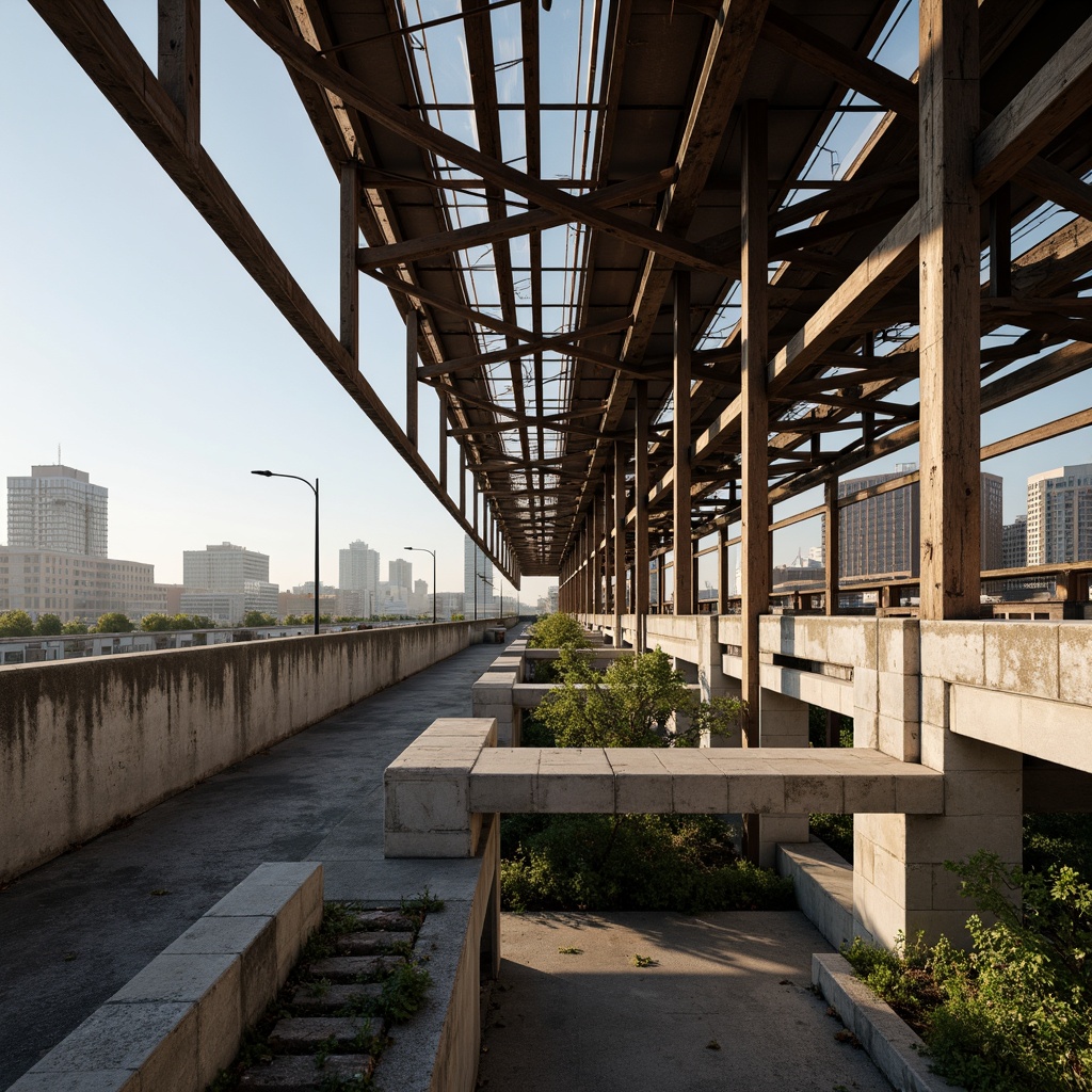 Prompt: Sturdy steel beams, reinforced concrete foundations, intricate arches, robust columns, load-bearing walls, geometric patterns, angular lines, modern industrial architecture, urban cityscape, sunny day, soft warm lighting, shallow depth of field, 3/4 composition, panoramic view, realistic textures, ambient occlusion.