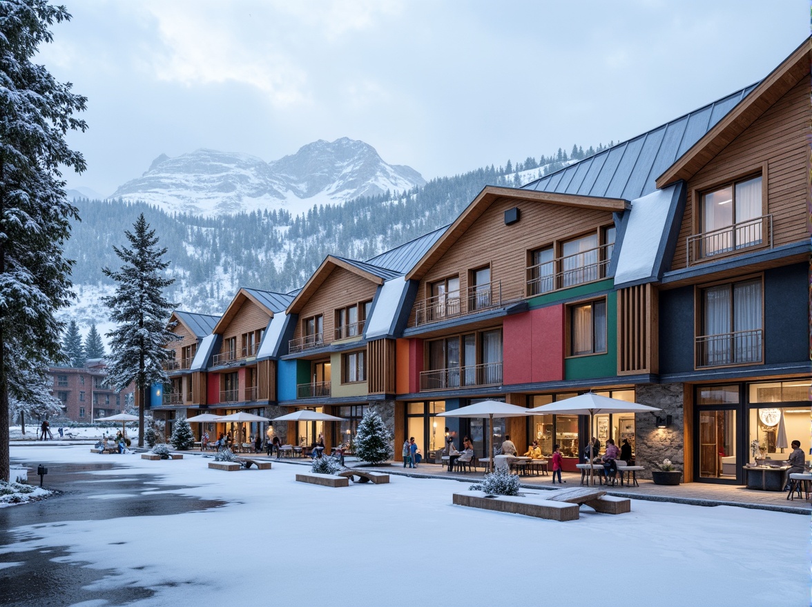 Prompt: Vibrant ski center, eclectic facade, mixed materials, wooden accents, stone walls, metal cladding, asymmetrical composition, irregular shapes, bold color scheme, snow-capped mountains, evergreen trees, winter wonderland, frozen lake, frosty morning, soft misty lighting, atmospheric fog, 1/2 composition, shallow depth of field, realistic textures, ambient occlusion.Please let me know if this meets your requirements!