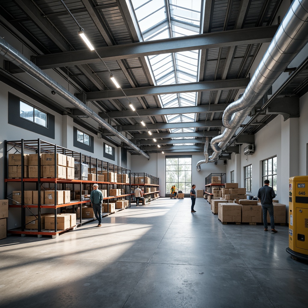 Prompt: Modern distribution center, industrial chic, exposed ductwork, polished concrete floors, sleek metal beams, minimalist decor, functional lighting, suspended fixtures, LED strips, natural light, clerestory windows, skylights, bright open spaces, high ceilings, neutral color palette, steel shelving units, storage crates, logistical equipment, busy atmosphere, early morning light, softbox lighting, shallow depth of field, 1/1 composition, realistic textures, ambient occlusion.