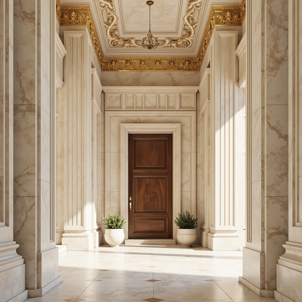 Prompt: Majestic neoclassical facade, creamy white marble, soft golden stone, ornate architectural details, grand entranceways, symmetrical compositions, stately columns, subtle warm beige tones, elegant cream hues, rich walnut wood accents, refined bronze hardware, classic Greek-inspired motifs, subtle shadowing, diffused natural light, shallow depth of field, 2/3 composition, harmonious color balance.