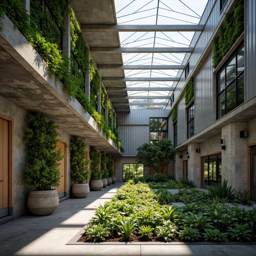 Prompt: Industrial warehouse facade, green roof system, lush vegetation, living walls, recycled metal cladding, reclaimed wood accents, large skylights, clerestory windows, exposed ductwork, polished concrete floors, minimalist decor, modern eco-friendly design, energy-efficient systems, solar panels, rainwater harvesting, urban agriculture integration, vertical farming, natural ventilation, abundant daylight, soft diffused lighting, shallow depth of field, 1/1 composition, realistic textures, ambient occlusion.