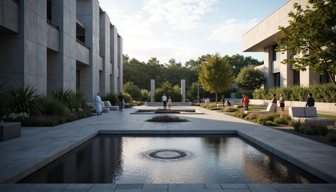 Prompt: Memorial Center, solemn atmosphere, somber gray stones, polished black granite, minimalist modern architecture, clean lines, simple forms, vast open spaces, natural light, subtle texture variations, abstract sculptures, commemorative plaques, tranquil water features, lush greenery, vibrant flowers, soft warm lighting, shallow depth of field, 3/4 composition, panoramic view, realistic textures, ambient occlusion.