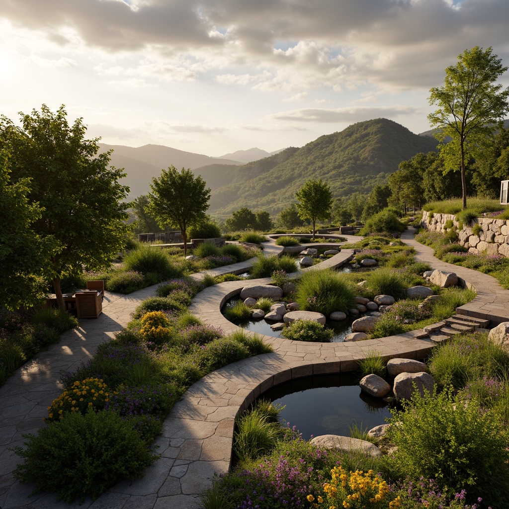 Prompt: Harmonious landscape integration, natural curves, organic forms, blending boundaries, seamless transitions, lush greenery, vibrant wildflowers, meandering pathways, rustic stone walls, wooden bridges, serene water features, reflecting pools, scenic overlooks, dramatic skies, warm golden lighting, shallow depth of field, 3/4 composition, panoramic view, realistic textures, ambient occlusion.