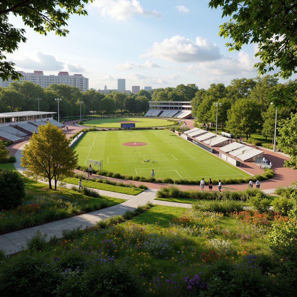 Prompt: Lush green grass, vibrant flowers, athletic tracks, soccer fields, tennis courts, basketball hoops, baseball diamonds, spectator seating, scoreboards, natural stone walkways, modern sports facilities, large trees, sunny day, soft warm lighting, shallow depth of field, 3/4 composition, panoramic view, realistic textures, ambient occlusion.