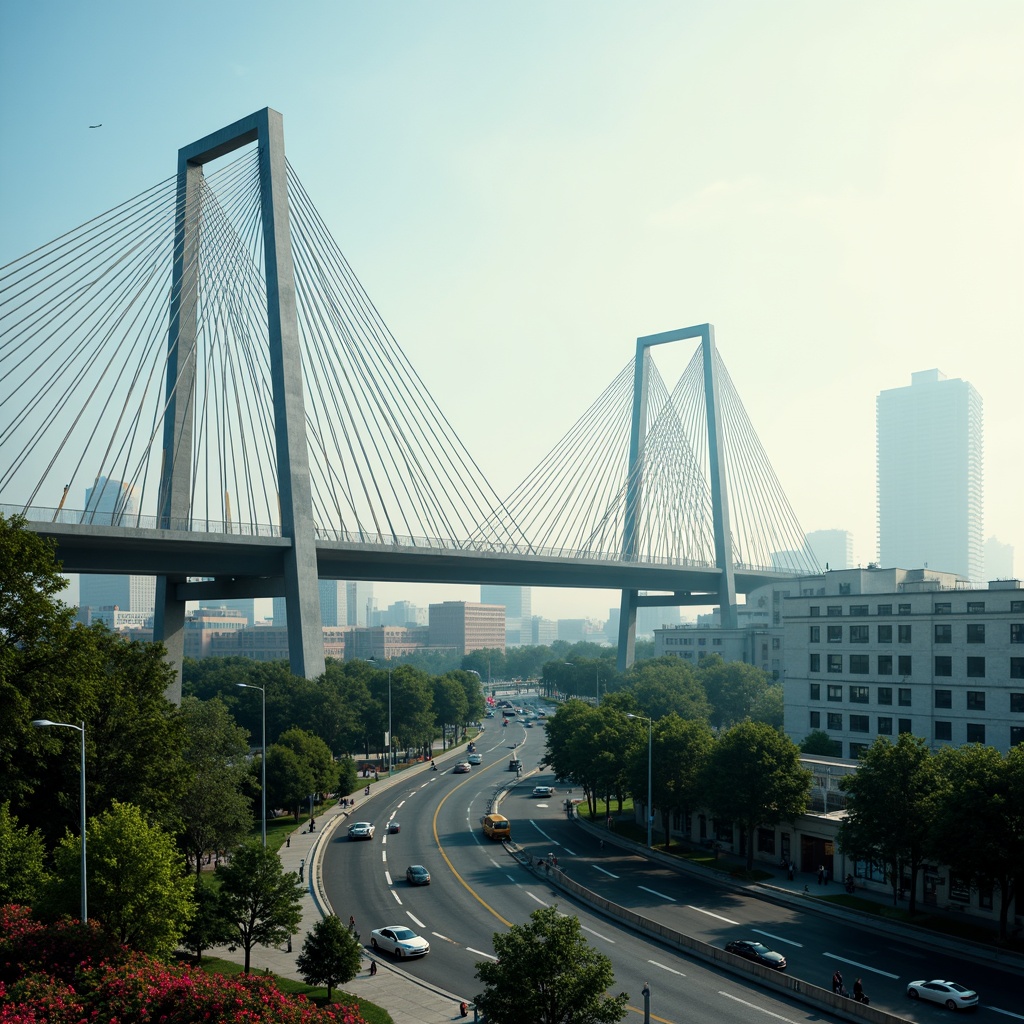 Prompt: Modern suspension bridge, sleek steel cables, silver-gray metal beams, ocean-inspired blue-green color scheme, misty morning atmosphere, soft warm lighting, shallow depth of field, 3/4 composition, panoramic view, realistic textures, ambient occlusion, urban cityscape background, busy highway traffic, pedestrian walkways, nature-inspired landscaping, vibrant floral arrangements.