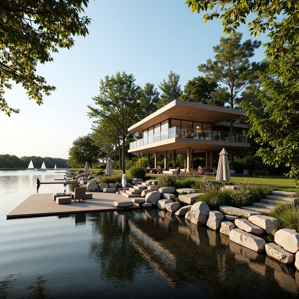 Prompt: Lakefront villa, serene waterfront, calm lake reflection, lush greenery, mature trees, natural stone walls, wooden dock, sailboats, water sports equipment, outdoor furniture, shaded pergola, panoramic views, 3/4 composition, soft warm lighting, shallow depth of field, realistic textures, ambient occlusion, modern minimalist architecture, floor-to-ceiling windows, sliding glass doors, open-plan living space, cozy reading nook, nature-inspired color palette, eco-friendly materials.