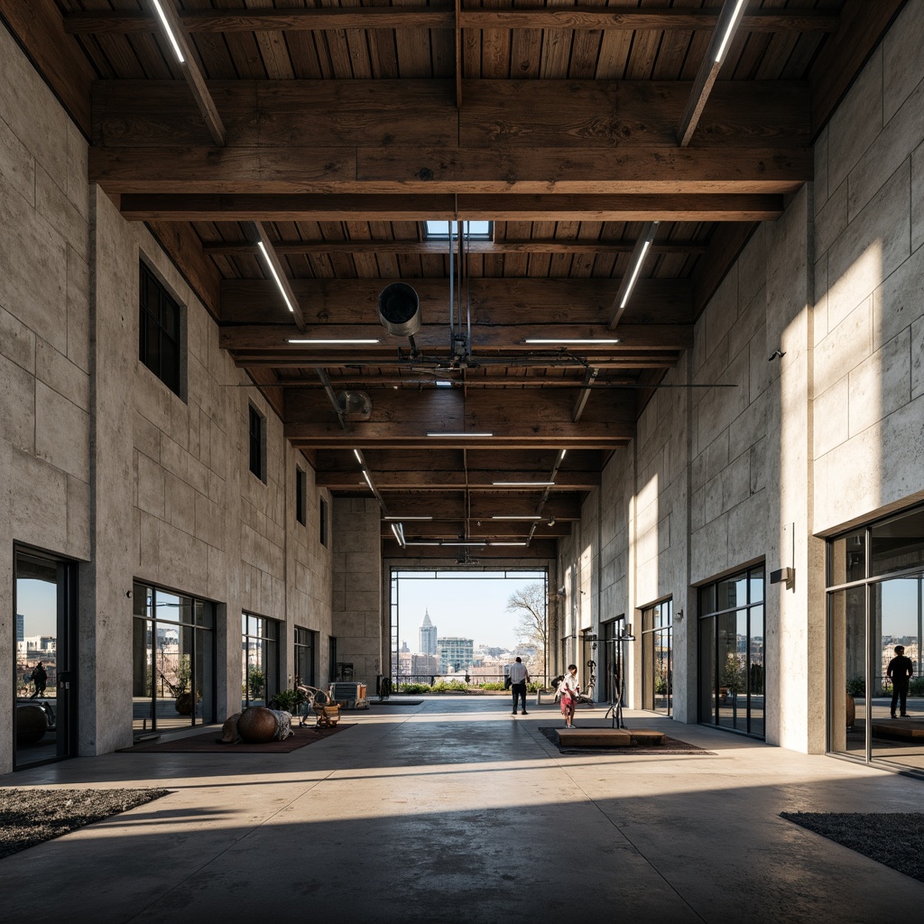 Prompt: Rough-hewn concrete walls, exposed ductwork, industrial metal beams, reclaimed wood accents, raw steel equipment, brutalist architecture, minimalist decor, functional training spaces, rubber flooring, mirrored walls, suspended lighting fixtures, urban cityscape views, morning sunlight, high-contrast shadows, dramatic spotlights, 3/4 composition, symmetrical framing, realistic textures, ambient occlusion.