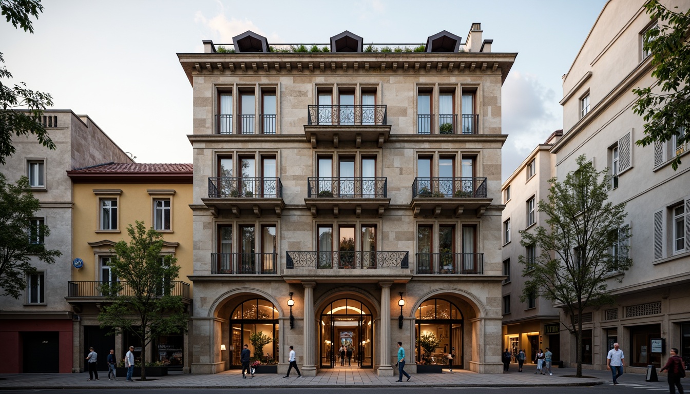 Prompt: Ornate loft facade, neoclassical architectural style, grandiose entrance, symmetrical composition, ionic columns, ornate balustrades, rusticated stonework, arched windows, decorative cornices, intricate moldings, elegant rooflines, soft warm lighting, shallow depth of field, 3/4 composition, realistic textures, ambient occlusion, urban cityscape, busy street scene, morning sunlight, subtle camera angle.