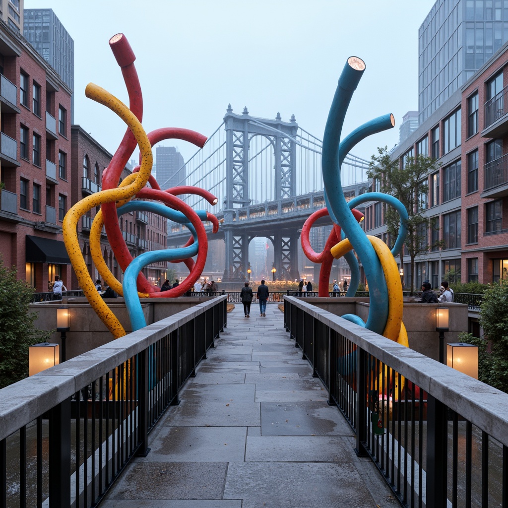 Prompt: Fragmented pedestrian bridge, irregular shapes, bold colors, playful textures, curved steel beams, suspended walkways, dynamic lighting, abstract sculptures, urban cityscape, morning fog, soft misty atmosphere, shallow depth of field, 1/1 composition, symmetrical framing, vibrant neon lights, reflective metal surfaces, distressed concrete finishes, ornate railings, irregularly shaped piers, eclectic mix of materials.