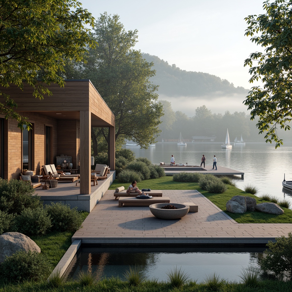 Prompt: Lakefront villa, serene waterfront, tranquil atmosphere, lush greenery, mature trees, wooden docks, sailboats, calm lake waters, misty morning, soft warm lighting, shallow depth of field, 3/4 composition, panoramic view, realistic textures, ambient occlusion, modern minimalism, large windows, sliding glass doors, natural stone walls, rustic wood accents, cozy outdoor seating areas, fire pit, water feature, infinity pool, luxurious interior design.