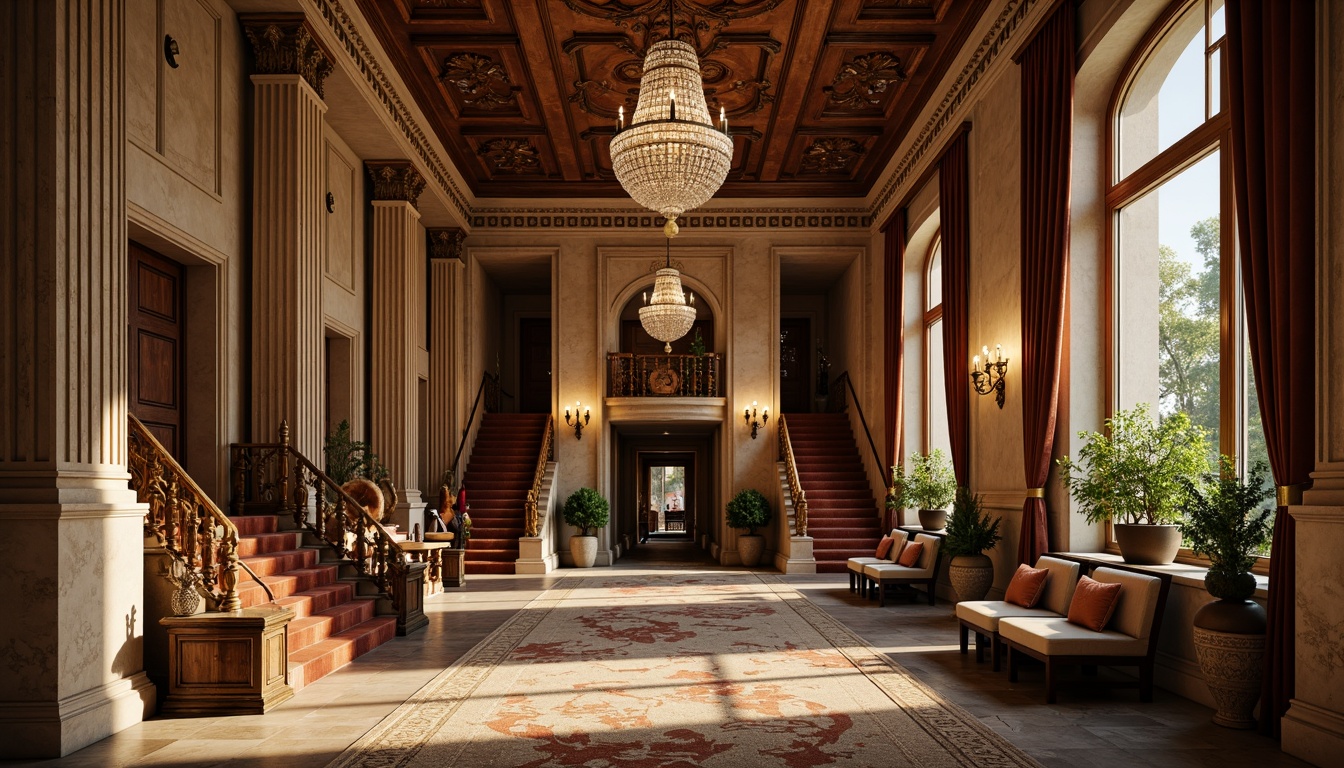 Prompt: Elegant classic columns, ornate carvings, rustic stone walls, marble floors, grand staircases, intricately patterned rugs, velvet drapes, crystal chandeliers, rich wood paneling, ornamental moldings, subtle earthy tones, warm golden lighting, 1/1 composition, symmetrical facade, neoclassical details, refined textures, ambient occlusion.Please let me know if this meets your requirements!