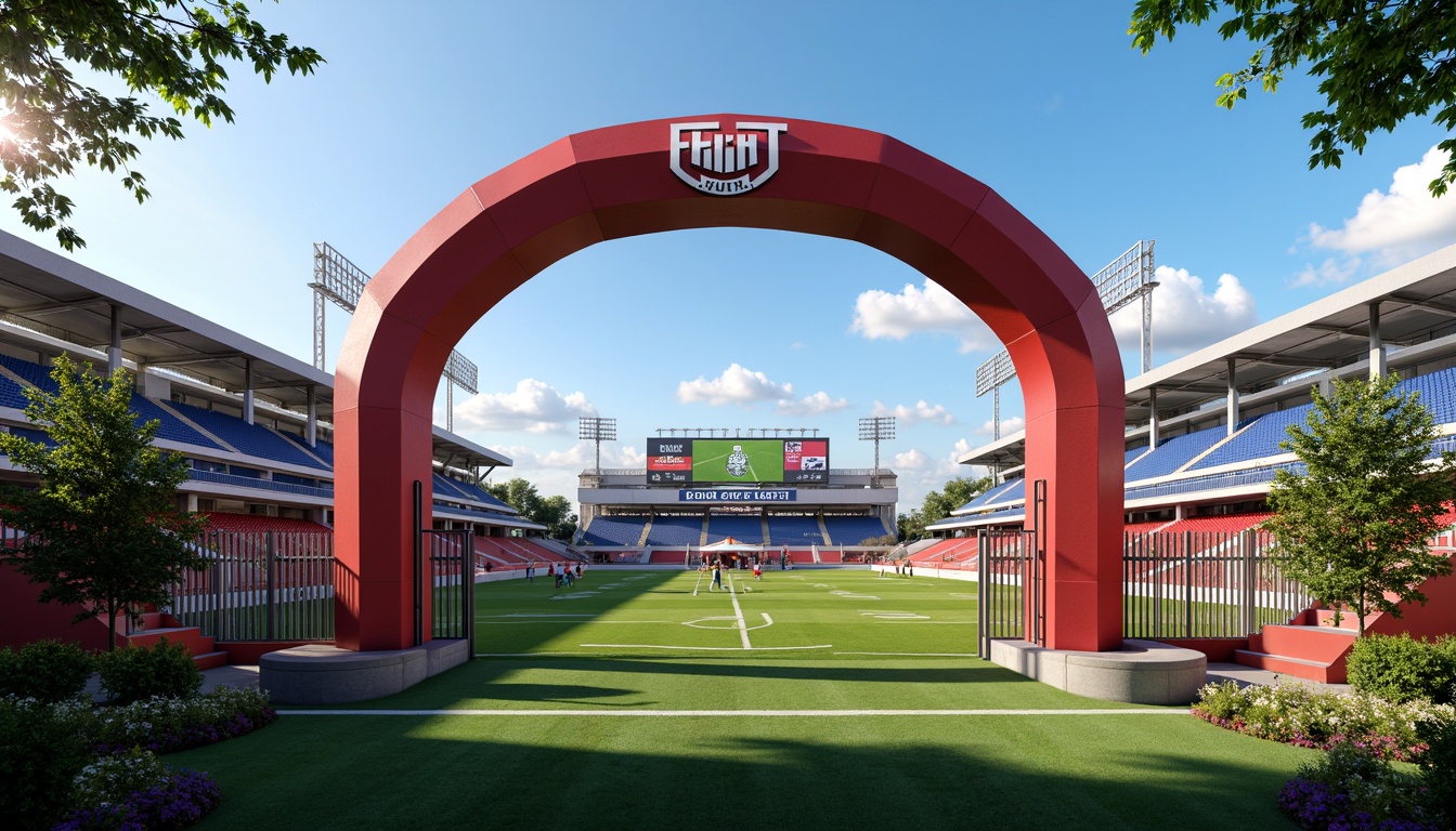 Prompt: Welcoming sports stadium entrance, grand archways, vibrant team colors, athletic logo displays, sleek metal gates, lush green grass, sun-drenched walkways, modern LED scoreboards, dynamic floodlights, energetic atmosphere, shallow depth of field, 3/4 composition, panoramic view, realistic textures, ambient occlusion.